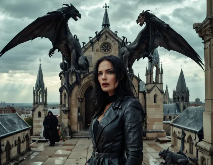 a woman at the center of a photo, medium shot, 35 years old, long black hair, at the stone marquee on a rooftop of a gothic church, wearing a black overcoat, looking away, (two huge stone Gargoyles at the woman's side:1.2), dark clouds, dark color grading, cinematic, photo by David LaChapelle
 <lora:dark-cinematics:1>