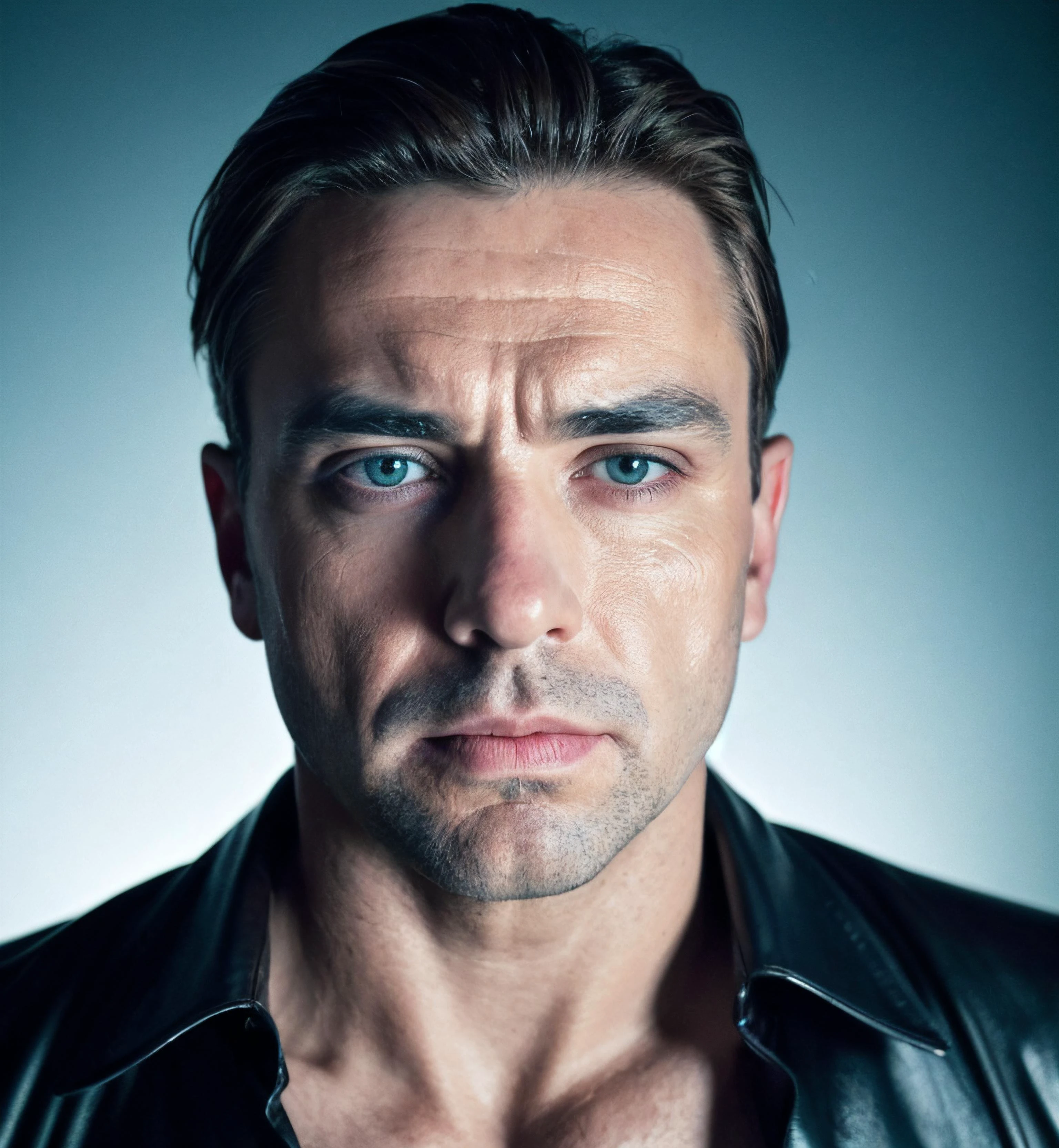 RAW photo of a (man, Heart-Shaped Face, Wide-Set Eyes, [eye color hazel], long nose, protruding upper lip, prominent cheeks, square chin with (eyebrow-sharpe exotic natural, eyebrowcolor light brown) and [full beard, dense and complete coverage, uniform length, defined shapes and angles, significant thickness],frightened),
In a world where the digital and the organic have intertwined, a male face emerges from the matrix of reality, The eyes, mouth, nose, and face are visible, but the rest of the body is obscured by the dense, swirling patterns of binary code that make up the background, the features of the male face are a canvas of flesh interwoven with vibrant green circuits, pulsing with the rhythm of binary codes, MATRIX Style,
(high detailed skin:1.2), 8k uhd, dslr, soft lighting, high quality, film grain, Fujifilm XT3, highly realistic, masterpiece, absurdres, intricate, highly detailed,portrait, entirely covered in blue and magenta paint, in a photograph studio, helmut Newton style , high quality photography, 3 point lighting, flash with softbox, 16k, Leica M6, Ektachrome 64, smooth, sharp focus, high resolution, award winning photo, 50mm, f2.8, depth of field<lora:PerfectEyesXL:1>