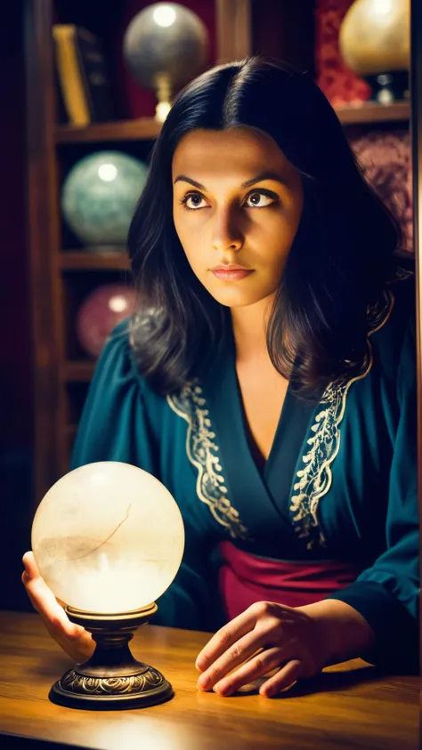 a fortune teller gazing into a crystal ball in a dim, mystical shop, (cinematic color grading lighting vintage realistic film grain scratches celluloid analog cool shadows warm highlights soft focus actor directed cinematography technicolor :1.3)