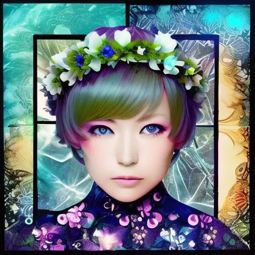 Collage style 1girl, sheena ringo, flower crown, beautiful icy blue eyes, moonlight gardens, dark shadows, glowing in the dark, bright colors, high contrast, dark background, vivid lighting, night garden  <lora:SheenaRingo-13:1> . Mixed media, layered, textural, detailed, artistic