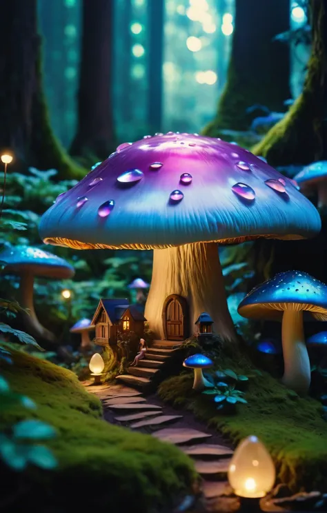 UHD, 4k, ultra detailed, cinematic, a photograph of Glam Girl aesthetic, a hidden fairy village nestled in a giant mushroom, iridescent colors, stunning detailed background. dark and moody, a mesmerizing blend of light and shadow. masterpiece, absurdres, intricate details, epic, beautiful lighting, inpsiring