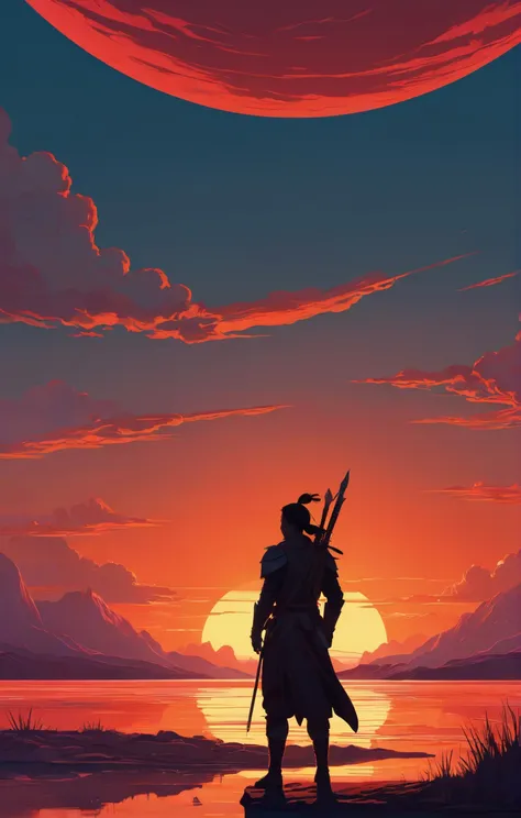 Whimsical and Playful, Lo-Fi aesthetic, a lone warrior silhouetted against a blood-red sunset, vivid colors, stunning detailed background. warm sunlight, a mesmerizing blend of light and shadow. masterpiece, absurdres, intricate details, imaginative, fantastical, bight colors, stylized, happy, Whimsical and Playful