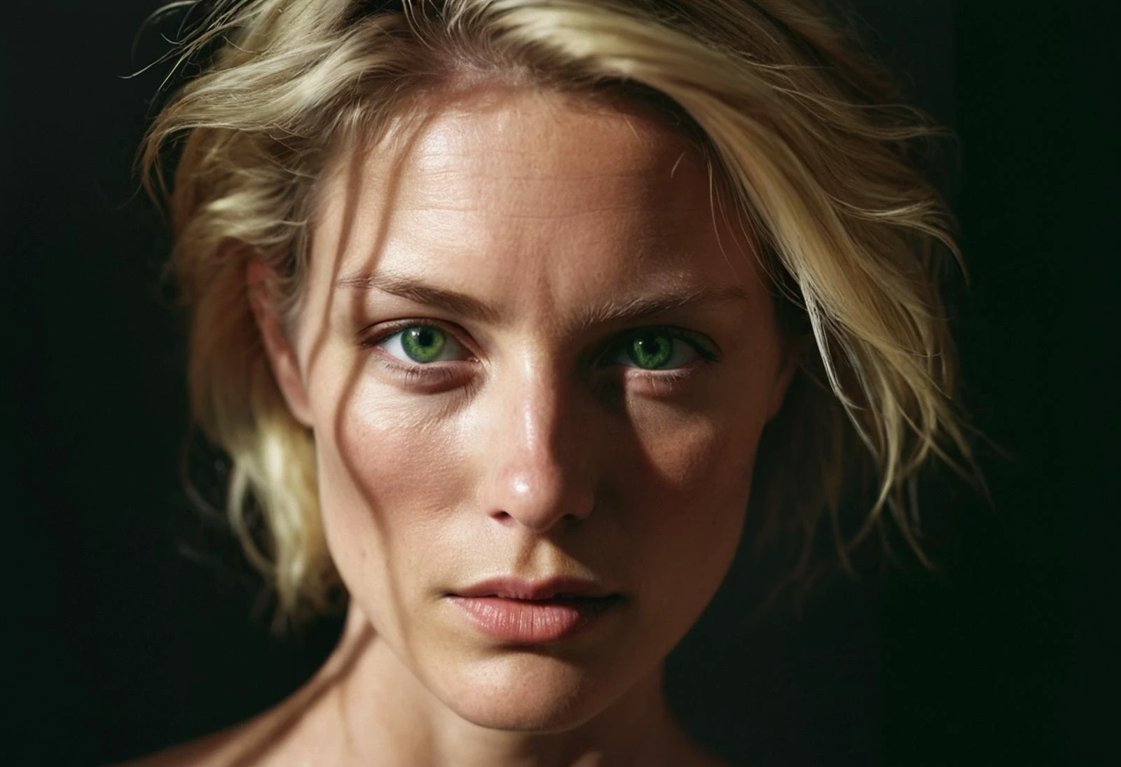 raw, realistic, face portrait of a woman, 40 years old, shadow over her face, blonde hair, green eyes, polished, authentic, soulful, natural-looking, photo by Peter Lindbergh