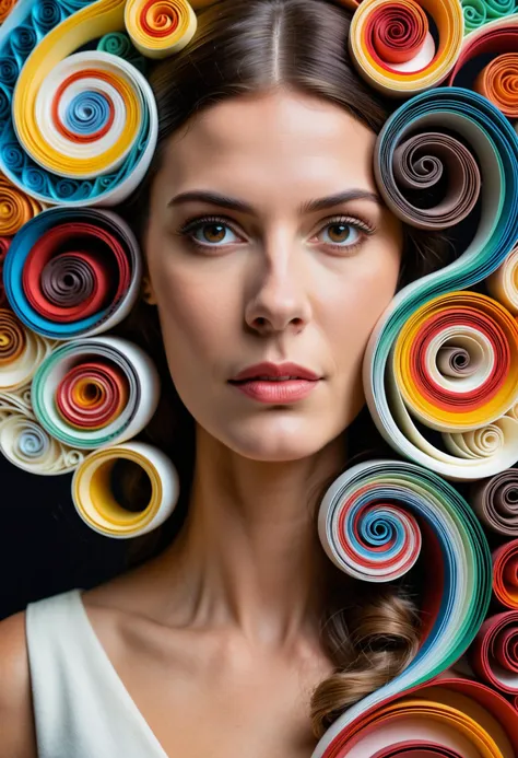 professional photo, paper quilling art of Italian Woman, looking away from camera, intricate, delicate, curling, rolling, shaping, coiling, loops, ornamental, highly complex, very coherent, lush, dynamic dramatic composition, detailed, glowing, cute, artistic background