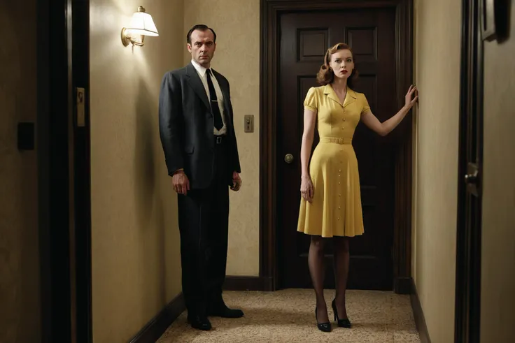 Cinematic shot, 1940's style,  photo by Erwin Olaf, Stanley Kubrick style,  a woman wearing a yellow dress and a yellow loom, brown hair, wearing a brown pantyhose, leaning back on a wall, next to a door, while another man is waiting on a corridor on the another side of the hotel corridor, crime scene, police, detective, American Dream style, suspense,