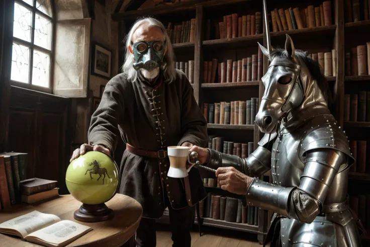 (HQ, Illustration, drawn:1.2), (dark environment:1.1),  photo by Eugenio Requenco, Cinematic low angle shot of Don Quixote de La Mancha, an old man mounting a horse, a horse with a radioactive mask, holding a medieval spear, inside a spherical small library, holding a cup of coffee at his hands, surrealist art, (metal and screws at the bookshelf:1.2),
 <lora:dark-cinematics:.5>