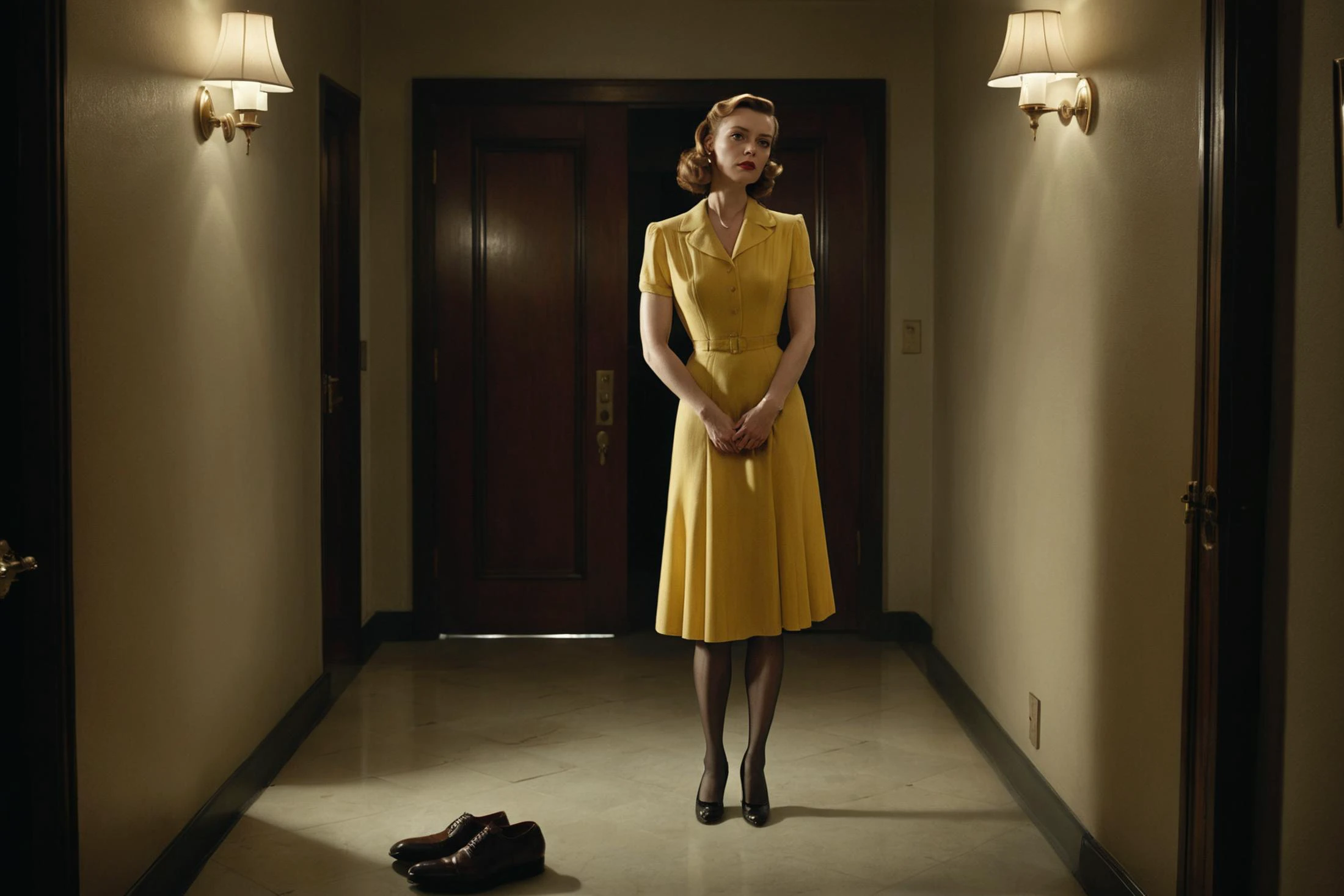 Cinematic shot, 1940's style, photo by Erwin Olaf, Stanley Kubrick style, dramatic lighting, complex narratives, stillness, a woman wearing a yellow dress and a yellow loom, brown hair, wearing a brown pantyhose, leaning back on a wall, next to a door, while another man is waiting on a corridor on the another side of the hotel corridor, crime scene, police, detective, American Dream style, suspense, grief,