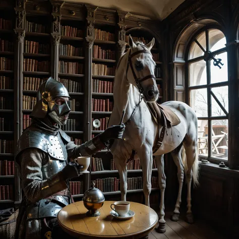 (HQ, Illustration, drawn:1.2), (dark environment:1.1),  photo by Eugenio Requenco, Cinematic low angle shot of Don Quixote de La Mancha, an old man mounting a horse, a horse with a radioactive mask, holding a medieval spear, inside a spherical small library, holding a cup of coffee at his hands, surrealist art, (metal and screws at the bookshelf:1.2),
 <lora:dark-cinematics:.5>