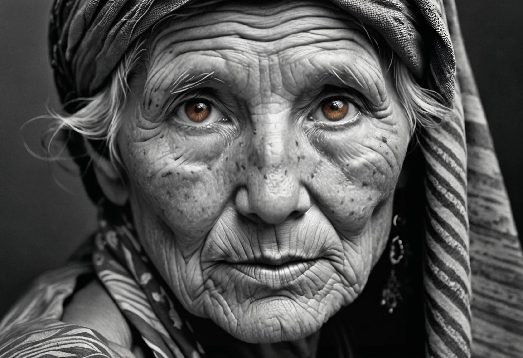 Documentary photo, raw, realistic, face portrait of a woman, 70 years old, peach fuzz, shadow over her face, wearing a hair scarf, brown eyes, aging skin marks, authentic, soulful, photo by Sebastiao Salgado, Steve Mccurry