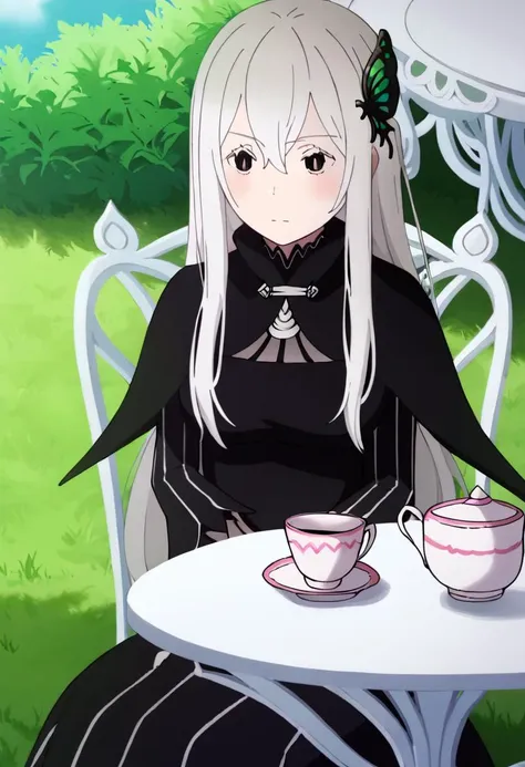 <lora:echidna:1> echidna, 1girl, butterfly hair ornament, long hair, solo, hair ornament, sitting, black dress, dress, cup, table, chair, teacup, black capelet, capelet, white hair, vertical stripes, long sleeves, striped, vertical-striped dress, hair between eyes, striped dress, grass, bangs, closed mouth, outdoors, blush