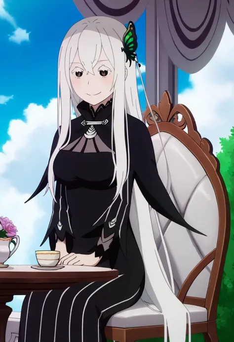 <lora:echidna:1> echidna, 1girl, butterfly hair ornament, long hair, solo, hair ornament, dress, black dress, day, cup, sitting, table, colored eyelashes, sky, capelet, smile, black capelet, teacup, long sleeves, chair, blue sky, hair between eyes, cloud, white hair, bangs, vertical stripes, striped dress, vertical-striped dress, closed mouth, striped, blush, very long hair