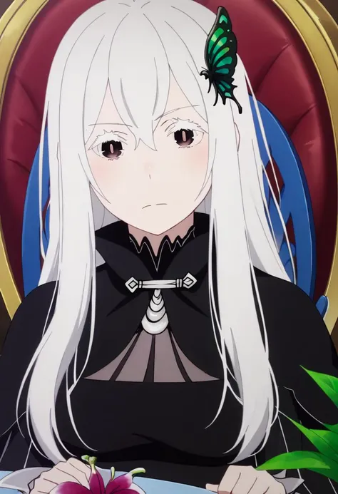 <lora:echidna:1> echidna, 1girl, butterfly hair ornament, hair ornament, solo, long hair, colored eyelashes, hair between eyes, looking at viewer, capelet, black capelet, white hair, bangs, black dress, dress, upper body, closed mouth, chair, sitting