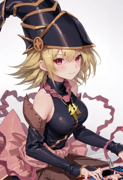 best quality, masterpiece, highres, solo, {gagaga_girl_yugioh:0.90}, 1girl, bare_shoulders, black_dress, black_headwear, detached_sleeves, duel_monster, hair_between_eyes, looking_at_viewer, blush, closed_mouth, necklace, medium_hair, upper_body, bangs, smile, sleeveless_dress, taut_clothes, black_sleeves, white_background