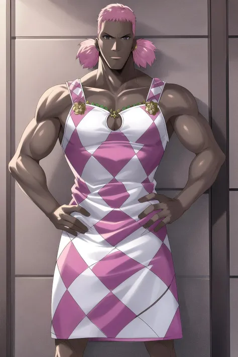 (masterpiece), (best quality), missmonday, 1girl, solo, dress, checkered clothes, pink hair, dark skin, short twintails, hand on hip, muscular female <lora:artkoikoi_missmonday_onepiece:0.9>