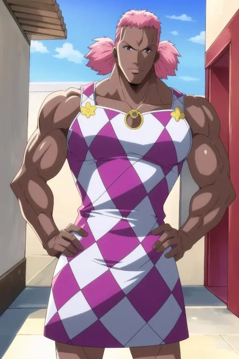 (masterpiece), (best quality), missmonday, wanostyle, 1girl, solo, dress, checkered clothes, pink hair, dark skin, short twintails, hand on hip, muscular female <lora:artkoikoi_missmonday_onepiece:0.9> <lora:onePieceWanoSagaStyle_v2Offset:0.5>
