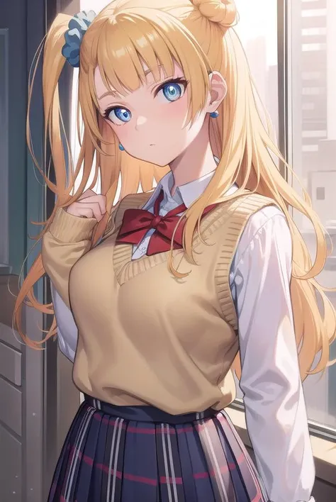 galko, <lyco:galko-lyco-nochekaiser:1>,
galko, blonde hair, blue eyes, hair bun, hair ornament, hair scrunchie, long hair, one side up, scrunchie, side ponytail, single hair bun,
BREAK earrings, jewelry, pleated skirt, school uniform, skirt, sleeves rolled up, sweater vest,
BREAK looking at viewer, full body,
BREAK indoors, classroom,
BREAK <lyco:GoodHands-beta2:1>, (masterpiece:1.2), best quality, high resolution, unity 8k wallpaper, (illustration:0.8), (beautiful detailed eyes:1.6), extremely detailed face, perfect lighting, extremely detailed CG, (perfect hands, perfect anatomy),