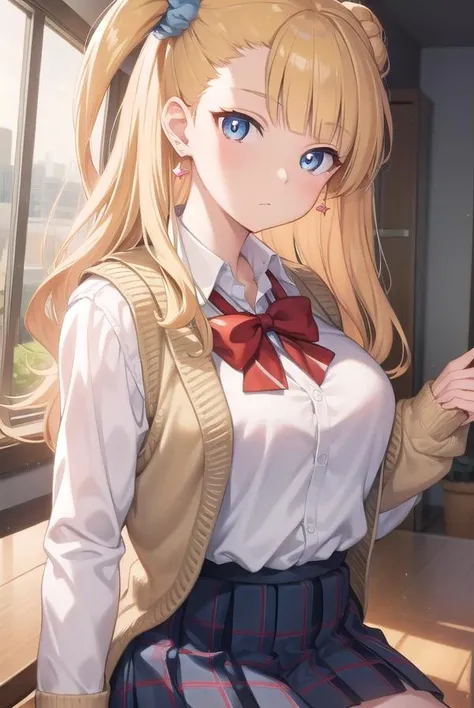 galko, <lyco:galko-lyco-nochekaiser:1>,
galko, blonde hair, blue eyes, hair bun, hair ornament, hair scrunchie, long hair, one side up, scrunchie, side ponytail, single hair bun,
BREAK earrings, jewelry, pleated skirt, school uniform, skirt, sleeves rolled up, sweater vest,
BREAK looking at viewer, full body,
BREAK indoors, classroom,
BREAK <lyco:GoodHands-beta2:1>, (masterpiece:1.2), best quality, high resolution, unity 8k wallpaper, (illustration:0.8), (beautiful detailed eyes:1.6), extremely detailed face, perfect lighting, extremely detailed CG, (perfect hands, perfect anatomy),