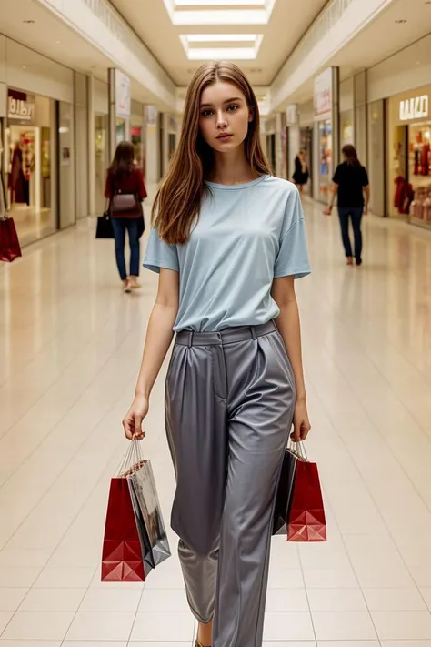 <lora:kawaii7.1.3_obj20:0.75:0.25>, European woman, closeup, sandals, (shirt), pants, (shopping mall hallway), ZM_rosie, wide shoulders, perfect face, (contact iris: 1.1), pale skin, skin pores , depth of field