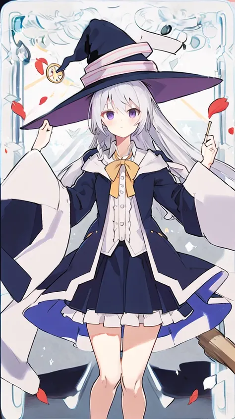 <lora:elaina-000080:0.6>,elaina_face, <lora:animeLikeTarotCardArt_v10:1>,tarot, 1girl, solo, hat, shirt, witch hat, skirt, flower, white shirt, purple eyes, black headwear, braid, looking at viewer, bow, long sleeves, frilled skirt, collared shirt, black skirt, broom, frills, open robe, bangs, outdoors, robe, wide sleeves, ribbon, building, open clothes, bowtie, black robe, petals, feet out of frame, yellow bow, neck ribbon