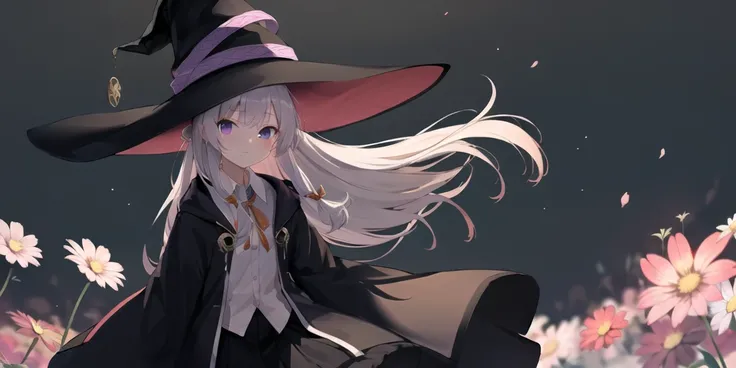 <lora:elaina-000080:0.6>,elaina_face, 1girl, solo, hat, shirt, witch hat, skirt, flower, white shirt, purple eyes,