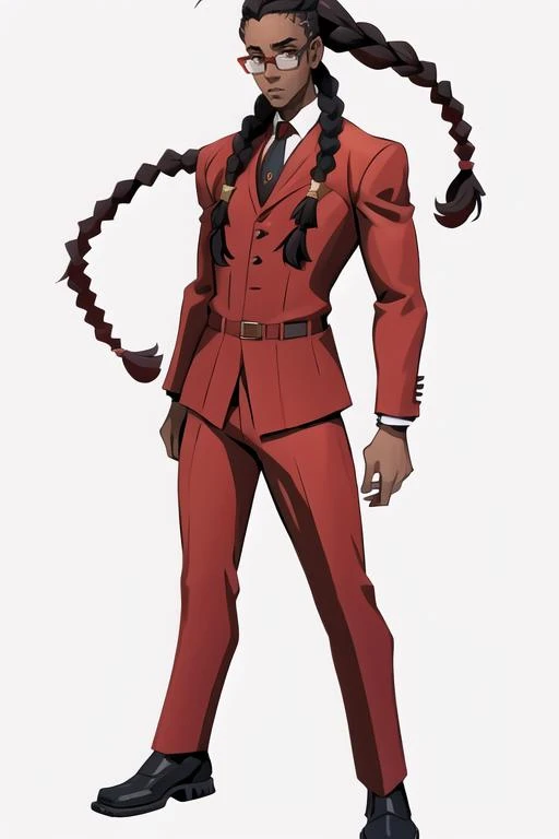 <lora:ConceptsFN:1> white background, standing pose, solo, concept, <lora:more_details:0.3> full body, 1boy, dark skin, red suit, glasses, braids hair, African braids
