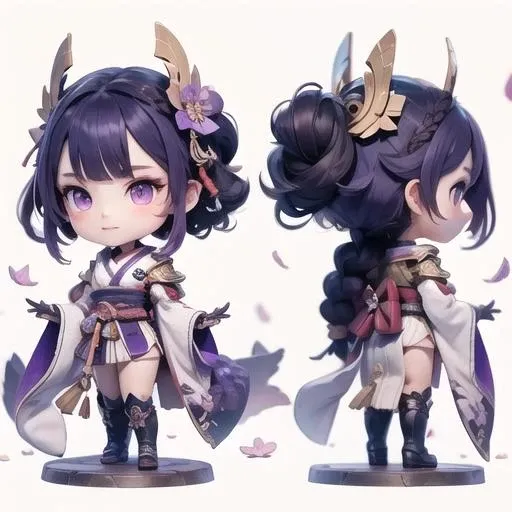 <lora:Crysdream1.5v1-000002:0.8>Crysdream,doll, raiden shogun, 1girl, long hair, japanese clothes, purple eyes, kimono, hair ornament, braid, sash, thighhighs, purple hair, chibi, obi, bangs, breasts, white background, armor, simple background, mole, looking at viewer, wide sleeves, front and back, shoulder armor, mole under eye, long sleeves, obiage, obijime, multiple views, very long hair, blunt bangs, standing, petals, closed mouth, purple kimono, gloves, bridal gauntlets, black gloves, faux figurine, single braid, full body, vision \(genshin impact\), blush, tassel, from behind, braided ponytail, ribbon, base, tomoe \(symbol\), mitsudomoe \(shape\), makeup <lora:raiden_shogun-doll1.5v1-000002:0.5>