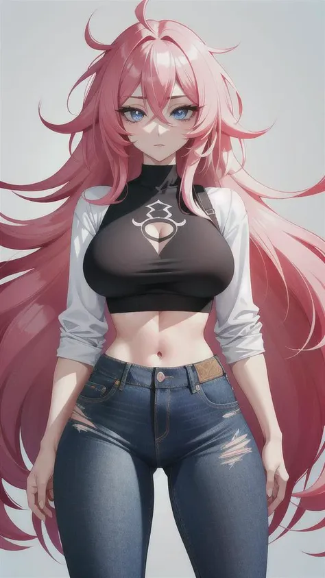 (16k cg wallpaper, 16k ultra hd, 8k cg wallpaper, 8k ultra hd, photograpic), (messy hair, bright pink hair, long hair), (blue eyes, blue iris, black pupil, white sclera, symmetrical eyes), (wide hips, thin waist, six pack, 175cm tall, 55kg weight, symmetrical body, well proportioned body), (medium sized boobs, symmetrical boobs), ((jeans, blue, jeans pants) and (fabric, black, thong) and (fabric, black croptop jacket) and (fabric, white croptop t-shirt)),