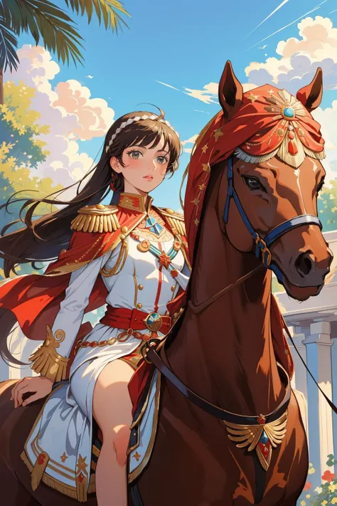 1girl, athletic Macedonian ([Napoleon Bonaparte|Pablo Picasso]:1.3) , Napoleon Bonaparte is Horse-back riding, he is very Impressionist and Gorgeous, he is in a Videogame setting, Napoleon Bonaparte is dressed in his Tunisian Suede and Coral Accents tunic, The Satin and Emerald Adornments tunic is Worried, Napoleon Bonaparte has Brunette hair