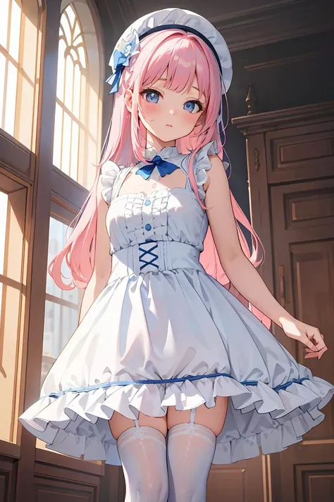 (masterpiece, best quality), 1girl, blue and white frill dress, (white stockings), pink hair, cute face, standing, indoor, intricate detail, sunlight,
