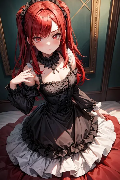 (masterpiece, best quality), 1girl, red hair, medium chest, gothic frill dress, pervert face, <lora:add_detail:1>