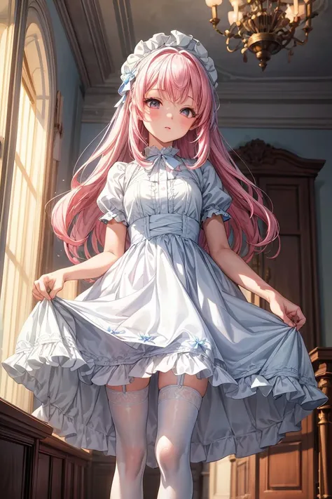 (masterpiece, best quality), 1girl, blue and white frill dress, (white stockings), pink hair, cute face, standing, indoor, intricate detail, sunlight, <lora:add_detail:1>