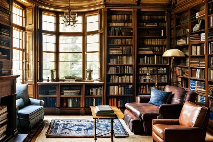 table with a stack of books and a lamp in an alcove of a cozy gentleman's study  filled with wood and leather furnishings, a fireplace, and a bay window with warm summer afternoon sunlight