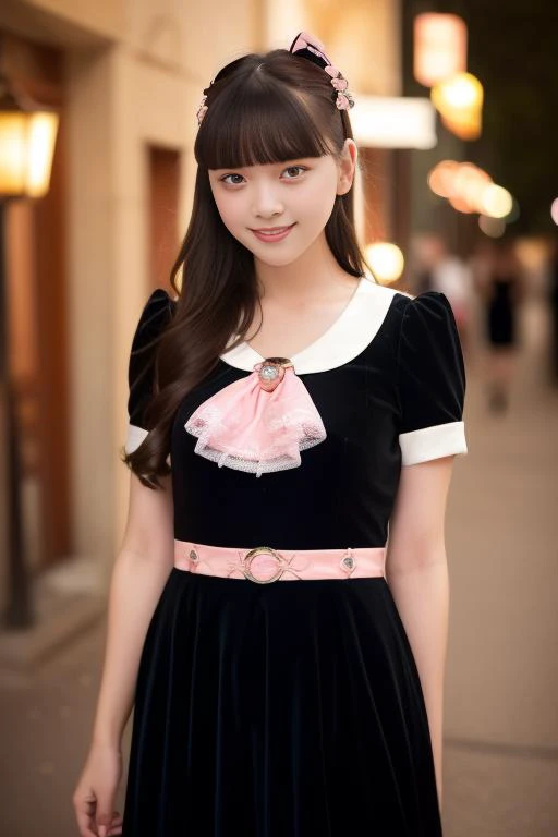 1girl,(wearing a black dress and a pink bow:1.2),(RAW photo, best quality), (realistic, photo-realistic:1.4), masterpiece, an extremely delicate and beautiful, extremely detailed, 2k wallpaper, Amazing, finely detail, extremely detailed CG unity 8k wallpaper, ultra-detailed, highres, soft light, beautiful detailed girl, extremely detailed eyes and face, beautiful detailed nose, beautiful detailed eyes,cinematic lighting,city lights at night,perfect anatomy,slender body,smiling , <lora:momiyamahimeri_lora:0.8>