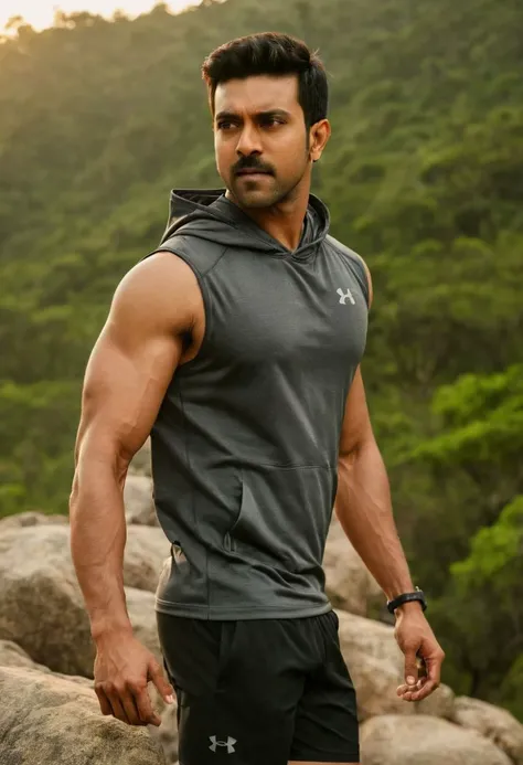 photo of Hrithik Roshan a man <lora:Ram-Charan_Hrithik-Roshan:0.7>, wearing a sleeveless well-fitted under armour hoodie and compression shorts, standing on a boulder, outdoor trail, 35mm photograph, film, bokeh, professional, 4k, highly detailed, creek in the background, natural lighting, golden hour