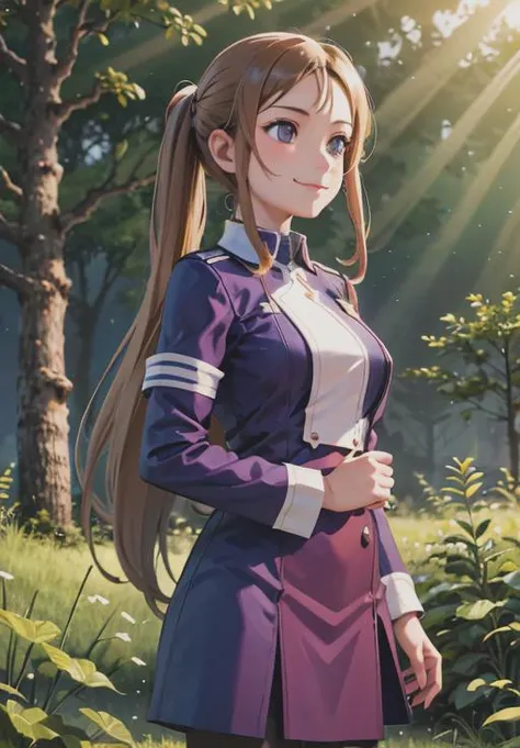<lora:swordartonline_pack:0.6>,ALZ-Sortilie,solo,smile,forest city
