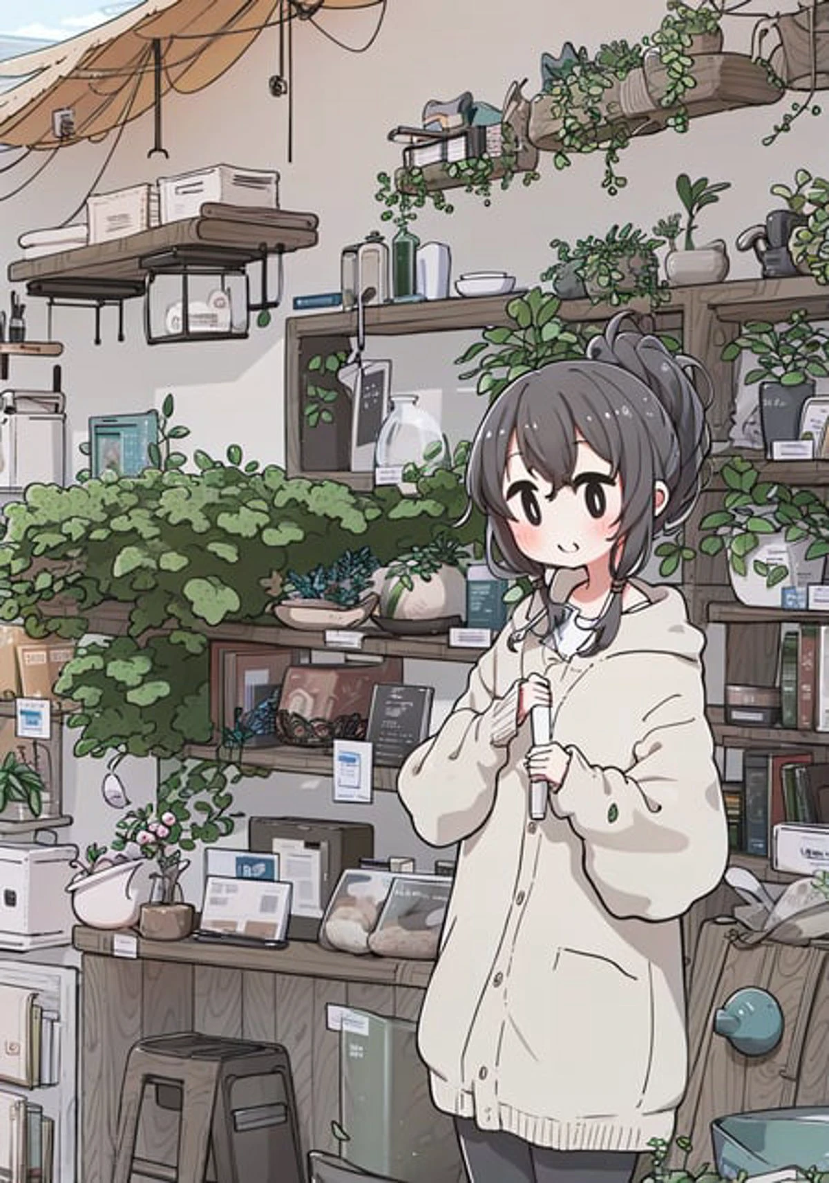 1 girl, employee uniform, black hair, black eyes, high ponytail, gloom \(expression\), supermarket, <lora:moffmachiStyle_moffmachiStyle:1>