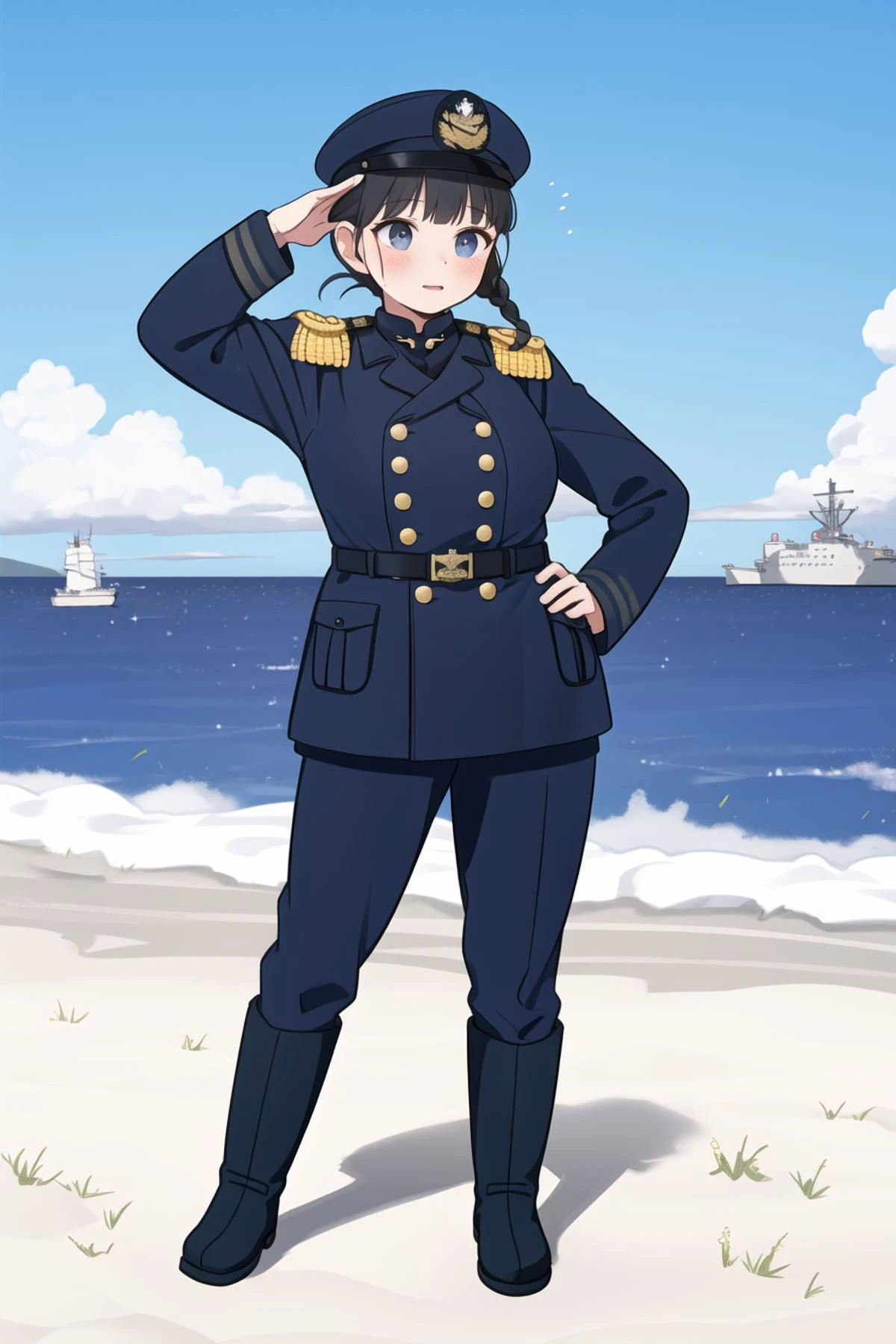 masterpiece,best quality,absurdres,high resolution,extremely detailed,1girl,( black hair, single braid, hime cut, blunt bangs, full-face blush, large breasts, dynamic pose ),<lora:beiyannavy-v3:0.85:lbw=INMID:step=1-28>,(((beiyan, military uniform, newnavy,buttons, double breasted uniform, belt, long boots, oldnavy, qingcap,cap ))) ocean,blue sky,outdoors,<lora:moffmachi_style:1:lbw=OUTALL:step=16-28>,