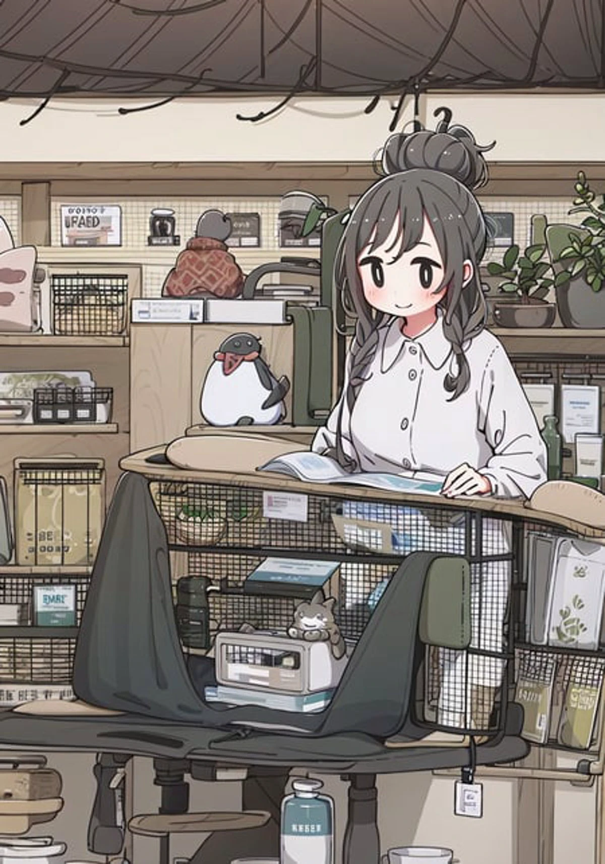 1 girl, employee uniform, black hair, black eyes, high ponytail, gloom \(expression\), supermarket, <lora:moffmachiStyle_moffmachiStyle:1>