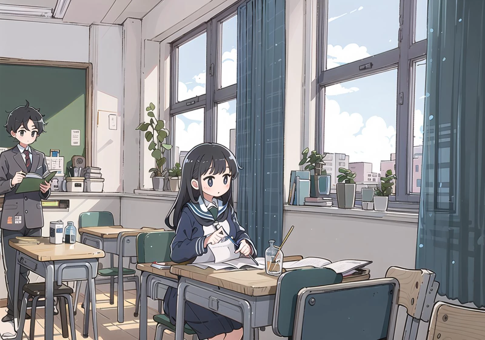 (1boy and 1girl:1.1),classroom, blackboard, classmates, podium, depth of field, windows, curtains, clocks,Blue school uniform,slit pupils,