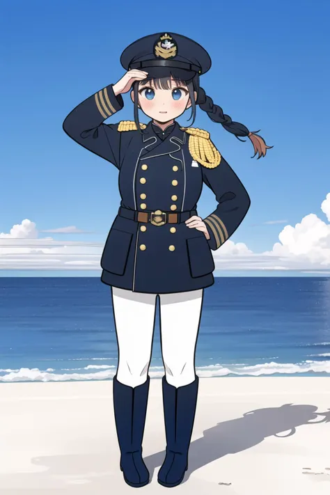 masterpiece,best quality,absurdres,high resolution,extremely detailed,1girl,( black hair, single braid, hime cut, blunt bangs, full-face blush, large breasts, dynamic pose ),<lora:beiyannavy-v3:0.85:lbw=INMID:step=1-28>,(((beiyan, military uniform, newnavy,buttons, double breasted uniform, belt, long boots, oldnavy, qingcap,cap ))) ocean,blue sky,outdoors,<lora:moffmachi_style:1:lbw=OUTALL:step=16-28>,