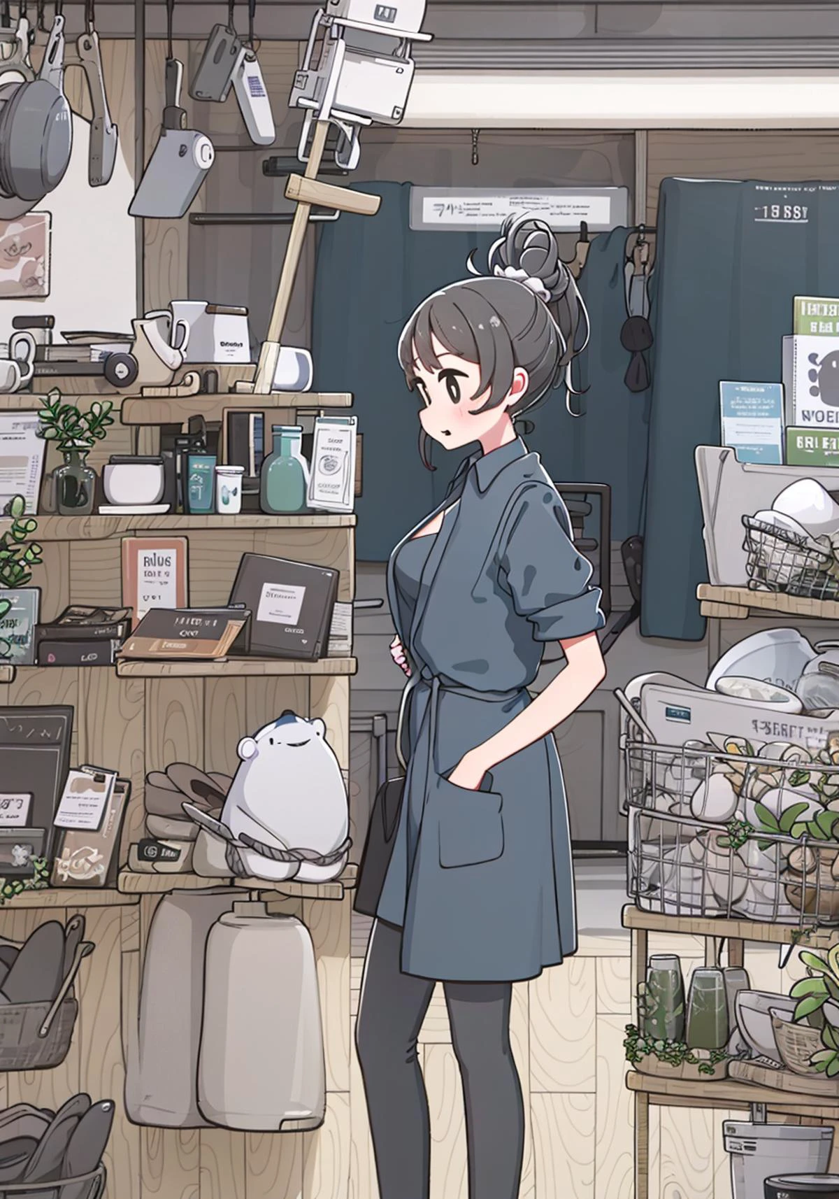 1 girl, employee uniform, black hair, black eyes, high ponytail, gloom \(expression\), supermarket, <lora:moffmachiStyle_moffmachiStyle:1>