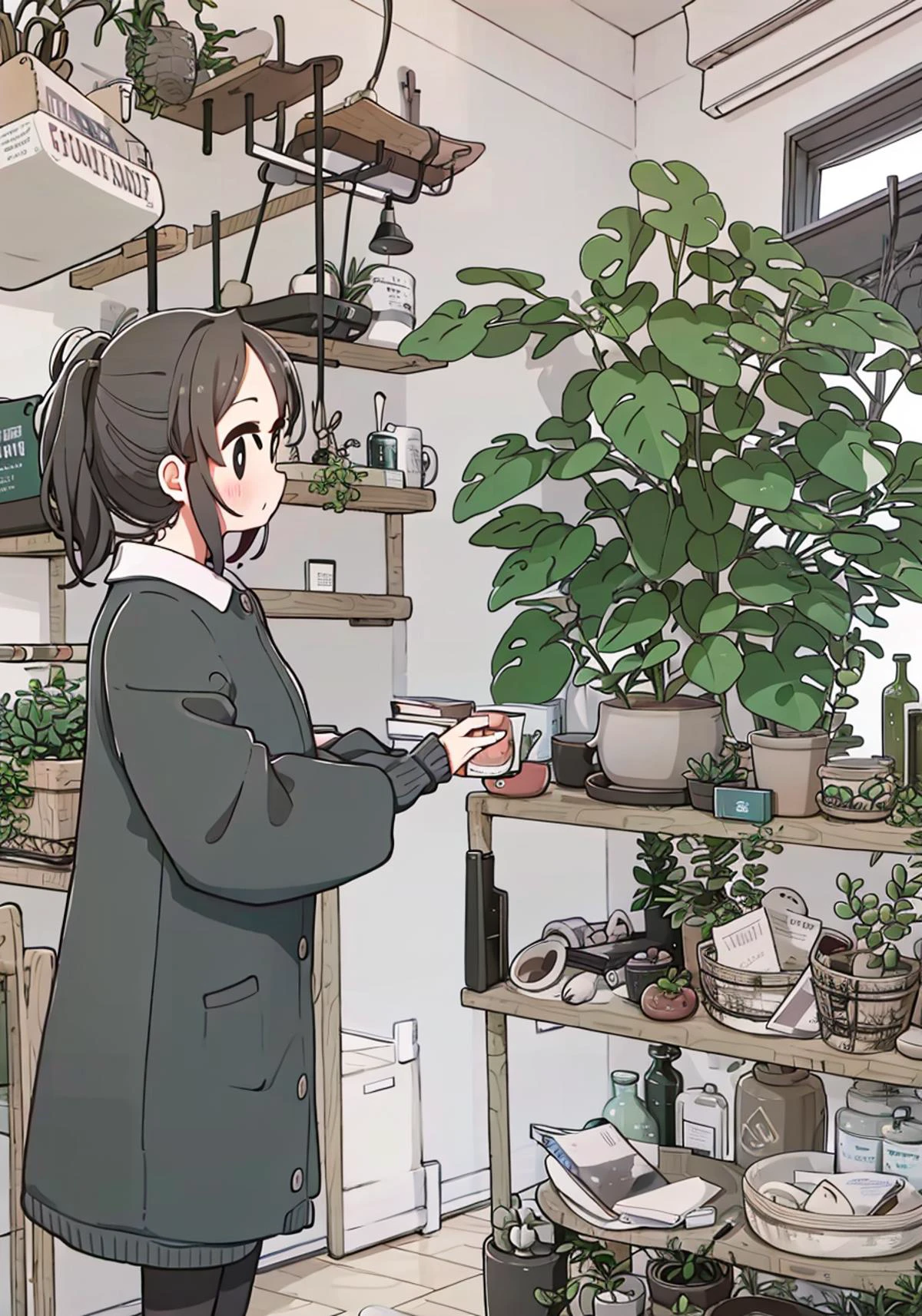 1 girl, employee uniform, black hair, black eyes, high ponytail, gloom \(expression\), supermarket, <lora:moffmachiStyle_moffmachiStyle:1>