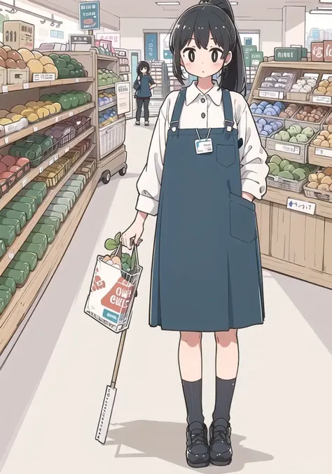 1 girl, employee uniform, black hair, black eyes, high ponytail, gloom \(expression\), supermarket,slit pupils,
,full body,