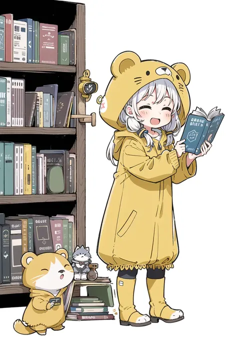 //
[(white background:1.5)::5],
//
(solo:1.2),1girl,chibi,smile,open mouth,closed eyes,white hair,low twintails, bear ears, full body, standing,(yellow animal costume:1.2), hood up, at home,growth,bookshelves, cats, books, cups, clocks,