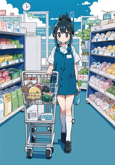 1 girl, employee uniform, black hair, black eyes, high ponytail, gloom \(expression\), supermarket,slit pupils,
,full body,