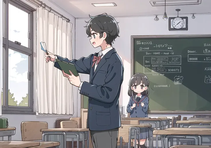 (1boy and 1girl:1.1),classroom, blackboard, classmates, podium, depth of field, windows, curtains, clocks,Blue school uniform,slit pupils,
