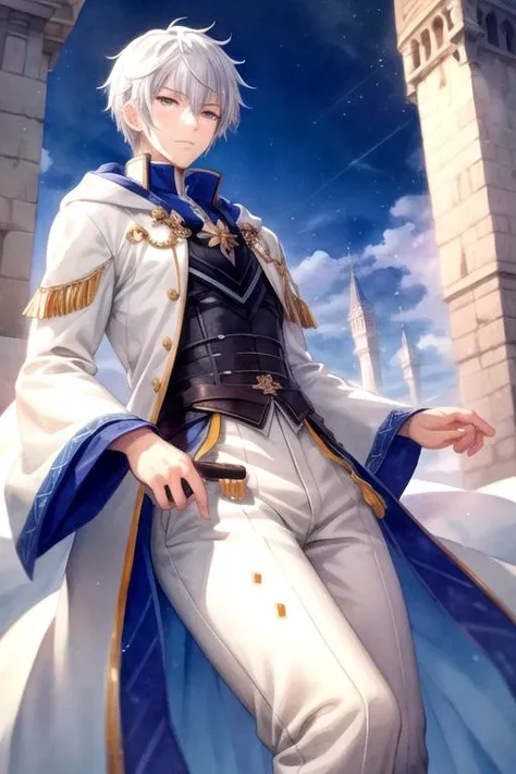 masterpiece, best quality, wallpaper, 1boy, solo, male focus, looking at viewer, , depth of field, (watercolor illustration, soft pastel colors:1.1), , <lora:xi_duanmu:0.66>, xi_duanmu, white hair, grey eyes, windcheater, , The Tower of Shadows,