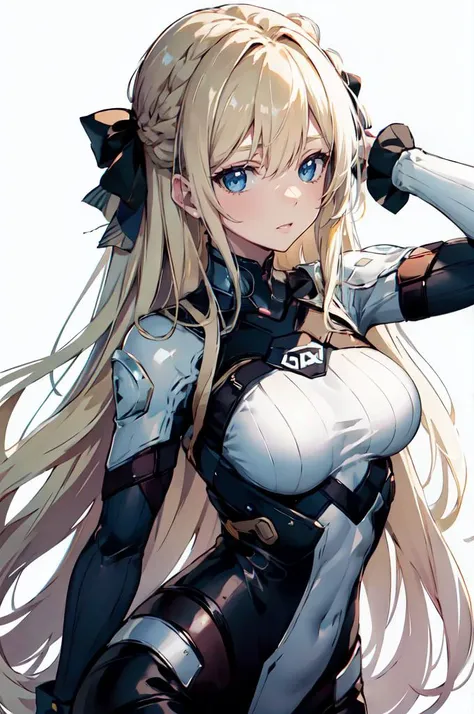 ultra detailed, masterpiece, best quality, solo, 
1girl, blue eyes, very long hair, blonde hair, long blonde hair, french braid, bangs, medium breasts,
hair ribbon, criss-cross halter,  <lora:DVa:0.75>