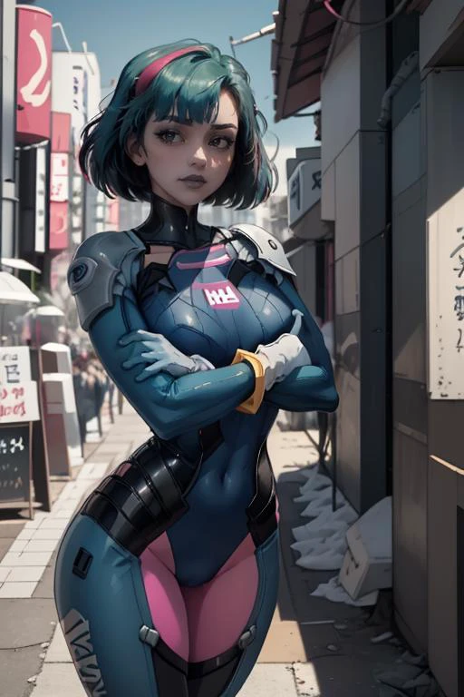 (masterpiece, best quality:1.2), <lora:gwen:.9>, gwen, 1girl, solo, breasts, bangs, makeup, <lora:DVa:.9>, bodysuit, shoulder pads, blue bodysuit, ribbed bodysuit, white gloves, pink trim, outdoors, blue sky, tokyo, looking at viewer, crossed arms,