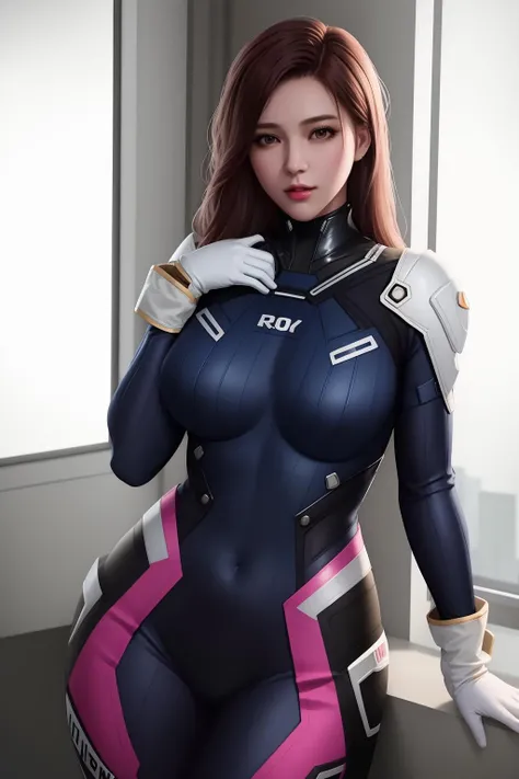 ((best quality)),absurdres,(ultra high res),octane render,(hyperrealistic), woman, shoulder pads, blue bodysuit, ribbed bodysuit, animal print, long sleeves, white gloves, pink trim, long hair, indoors, city view, (realistic), (8k), (Masterpiece), <lora:DVa:0.77>